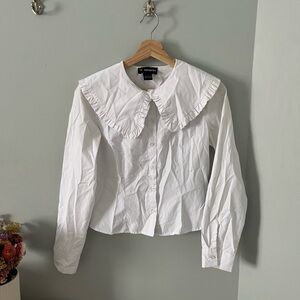 Women's White Button Down Shirt with Ruffle Collar